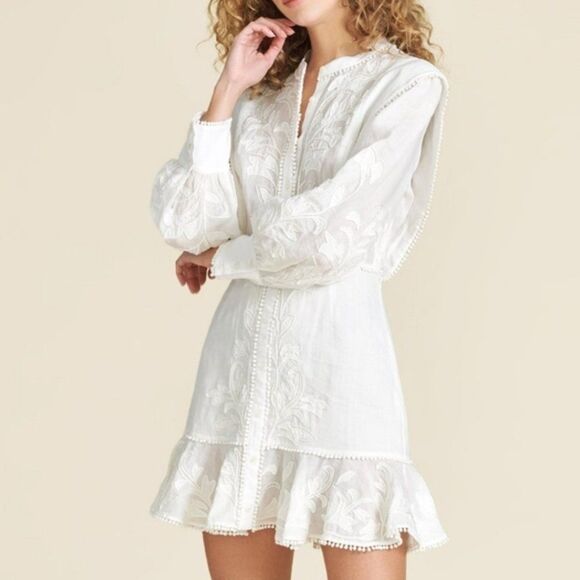 VERONICA BEARD Analeah Dress Embroidered Minidress Puff Sleeves Tassel Pom Pom